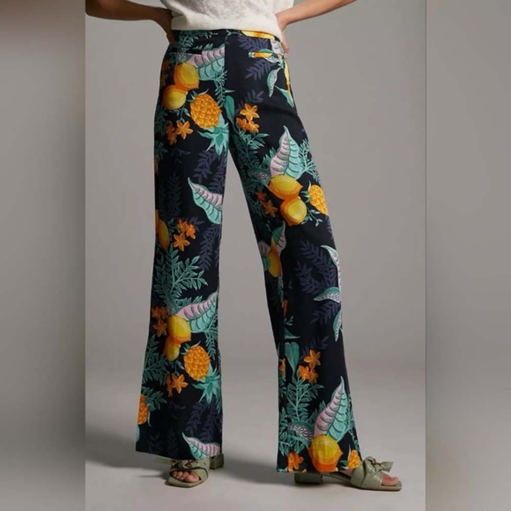 Anthropologie Maeve Escape Printed Pants Size 4 Blue pineapples lemon resortwear